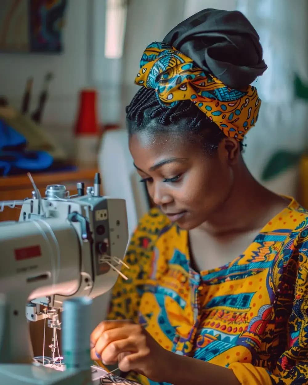 Tailor in a printed headwrap sewing fabric at a machine