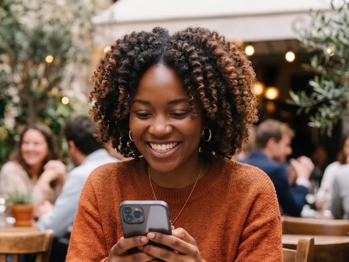 A woman smiling at her phone at a café table